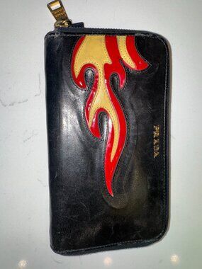 Prada Limited Edition Black Leather Capretto Flame Continental Wallet - EUC